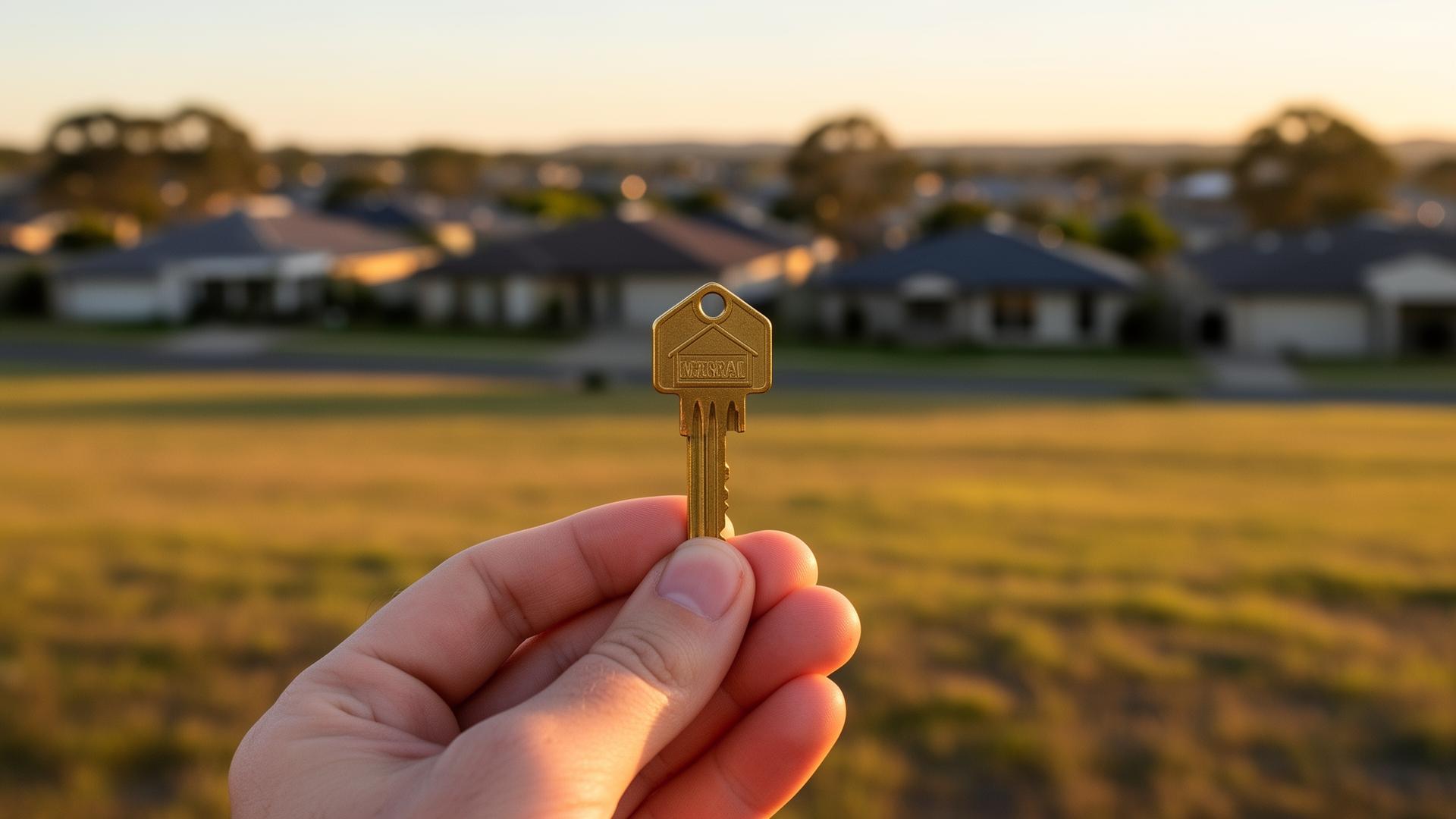 A hand holding a single brass house key in front of a blurred suburban Australian residential block at golden hour.
