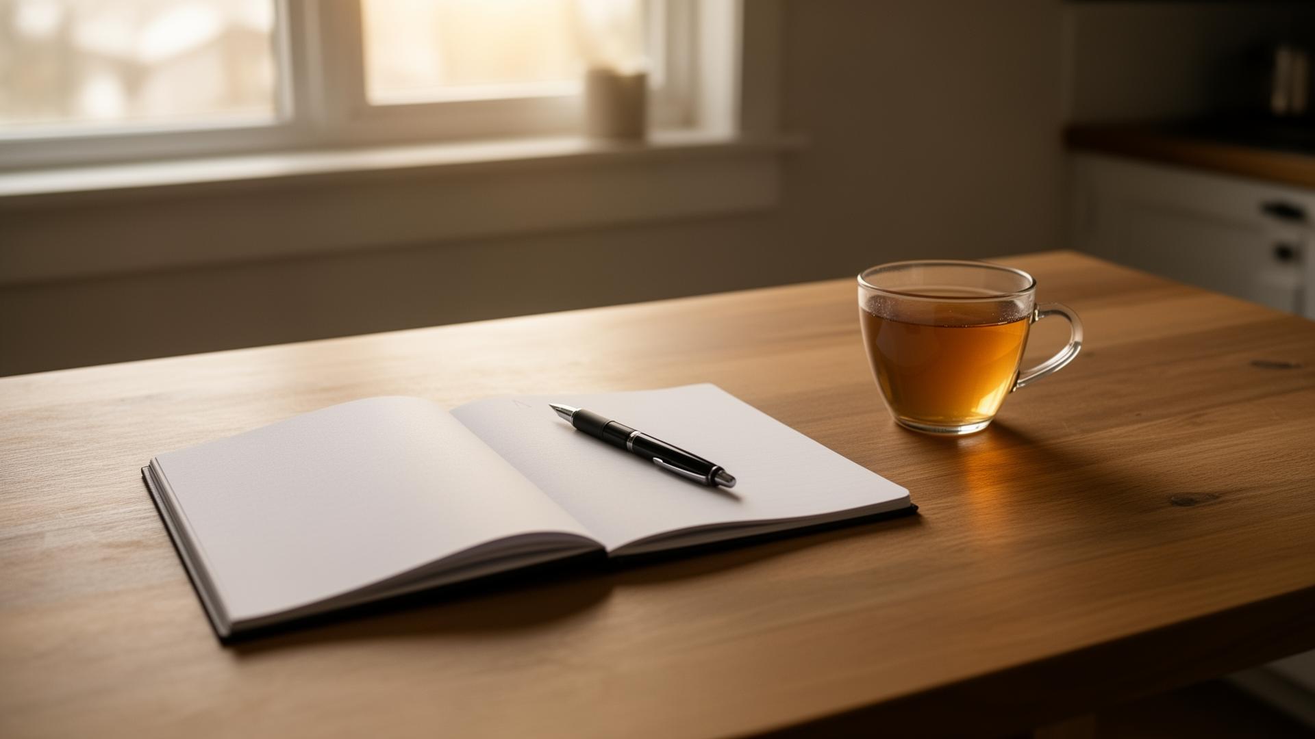 A simple kitchen table with an open notepad, a single pen, and a cup of tea in soft morning light.