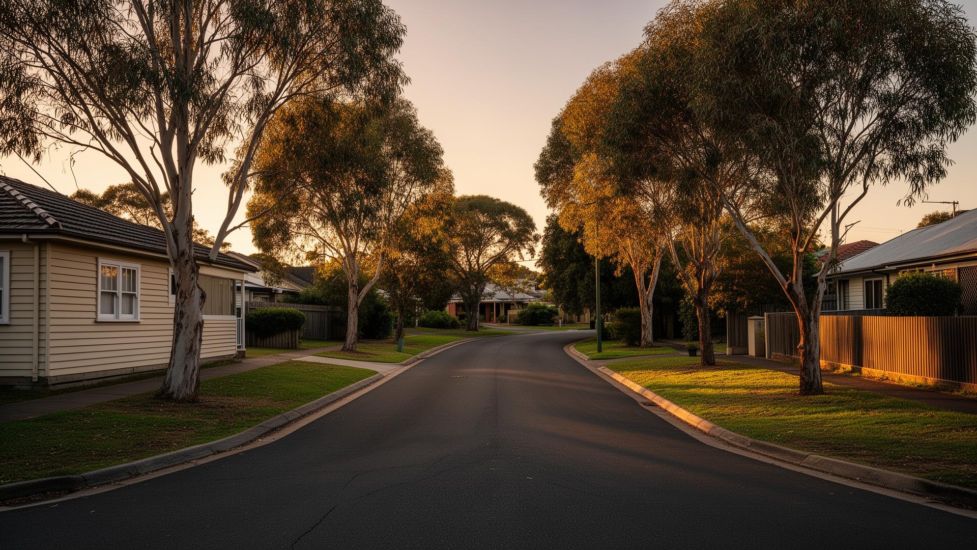 A quiet Australian suburban street at golden hour, with the road forking gently into two directions through gum trees.