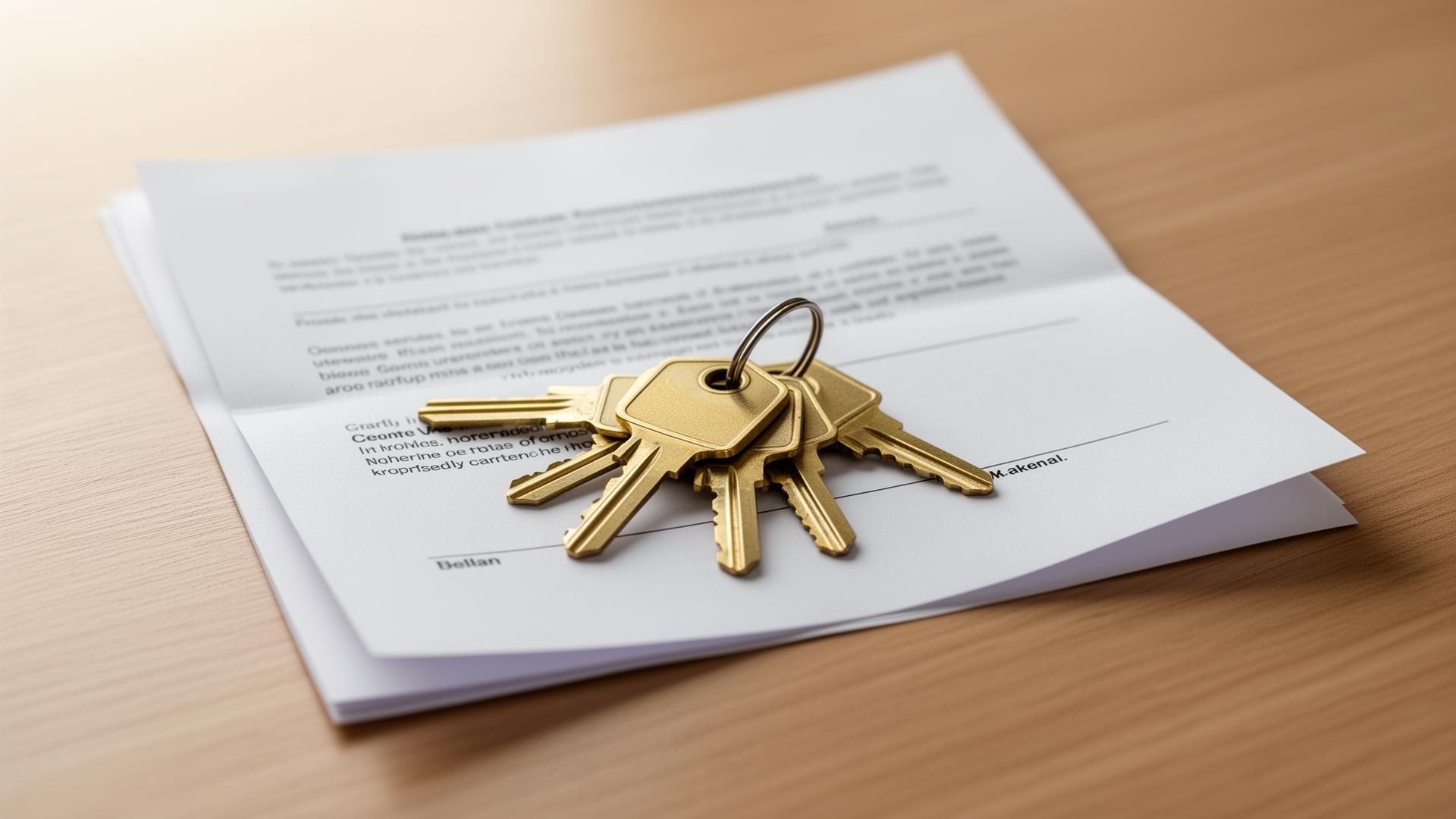 A small set of brass house keys resting on a folded paper contract on a clean timber surface.