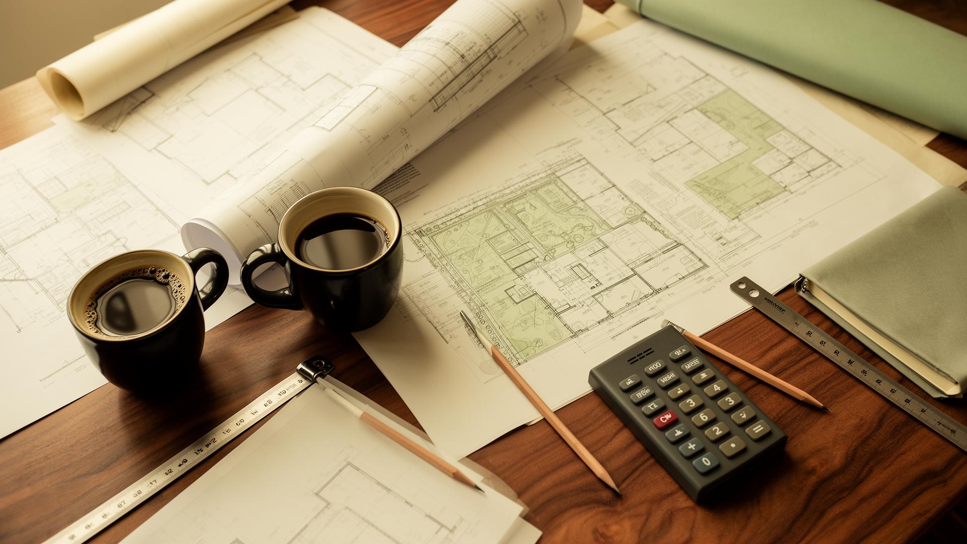 Architectural blueprints, coffee, pencil and a measuring tape laid out on a warm timber desk - the planning behind a development decision.