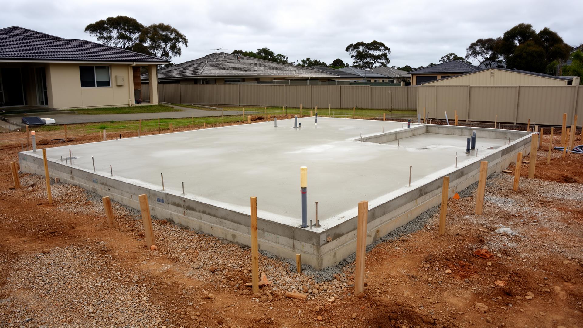 A freshly poured residential house concrete slab on an Australian suburban building site, with plumbing rough-ins and formwork visible.