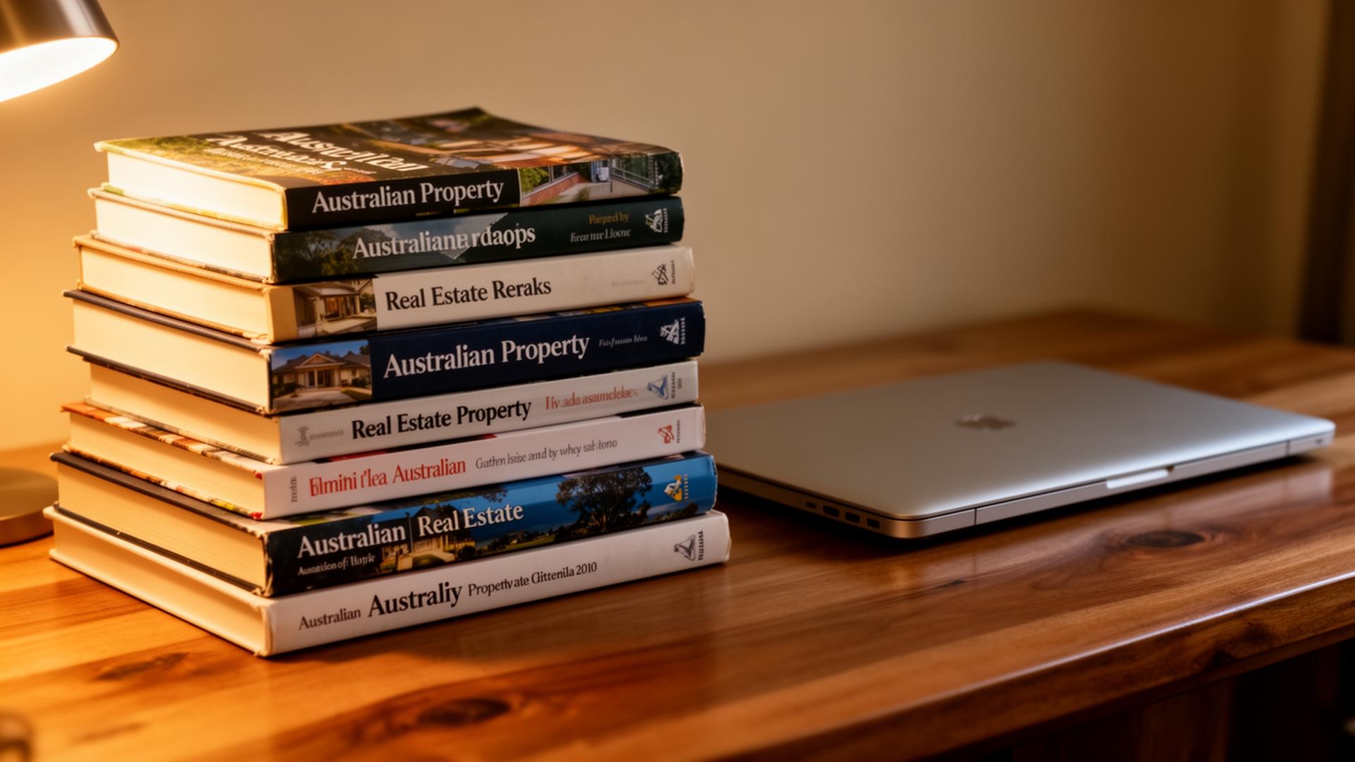 A stack of well-thumbed Australian property books beside a closed laptop on a timber desk.
