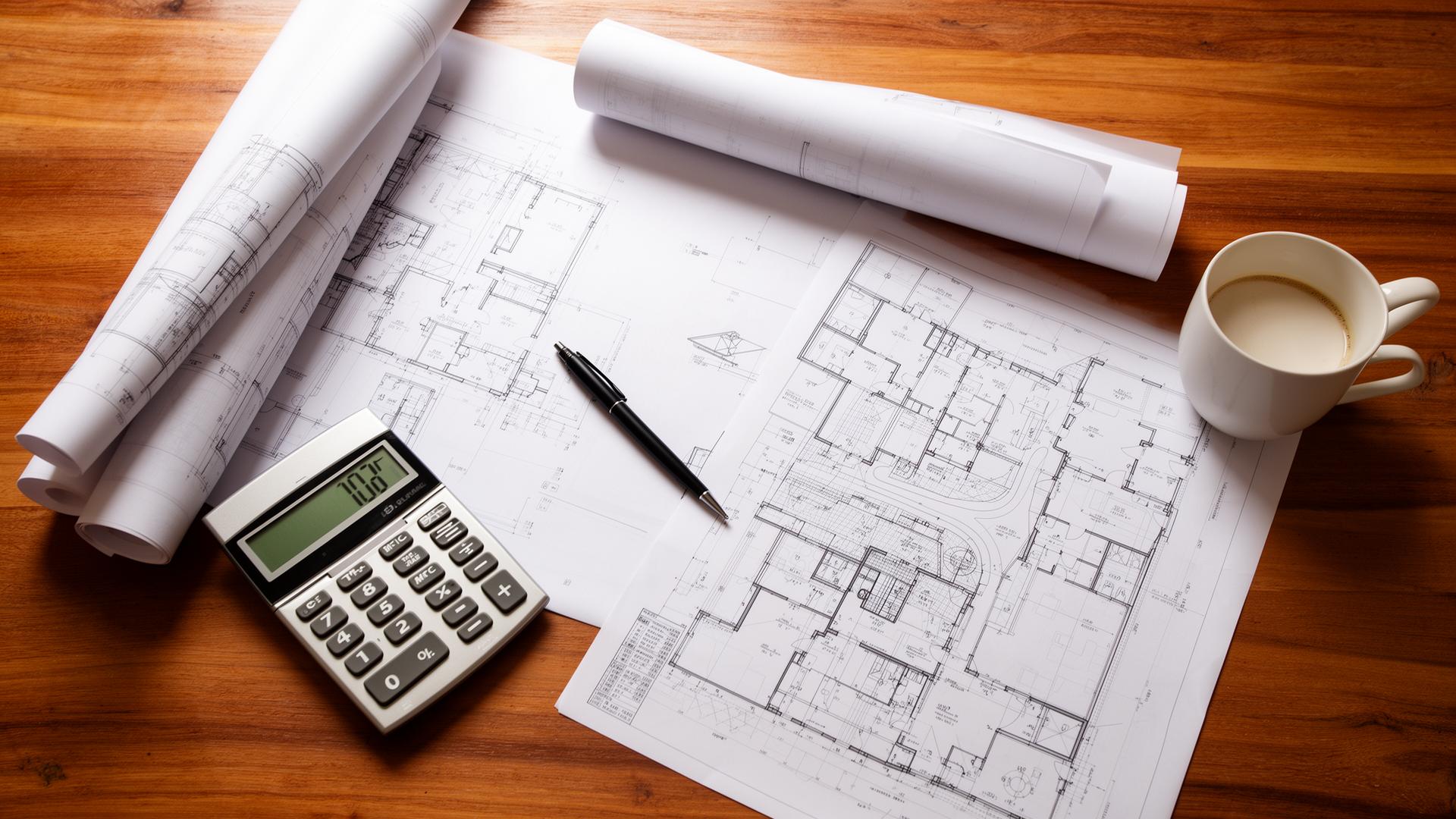 A top-down view of an architect's desk with site plans, a calculator, a pen, and a coffee cup - the working surface of a developer running numbers on a specific site.